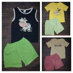 NEW Boutique Boys Shorts Outfit Set Farm Animals Tractor Chicken Cow Pig Sheep - Picture 1 of 11