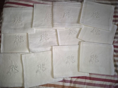 12 SERVIETTES MONOGRAMME RS BLANCHE DAMASSÉE 51 X 57 CM - Photo 1/4