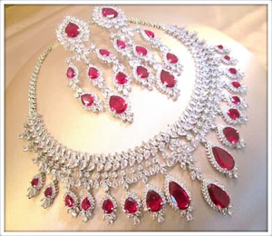 Ruby gemstone white sapphire ladies glamour 18k gold filled Necklace Earring Set - Picture 1 of 6