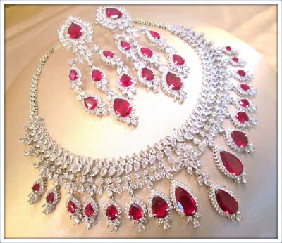 Ruby gemstone white sapphire ladies glamour 18k gold filled Necklace Earring Set - Image 1 of 4