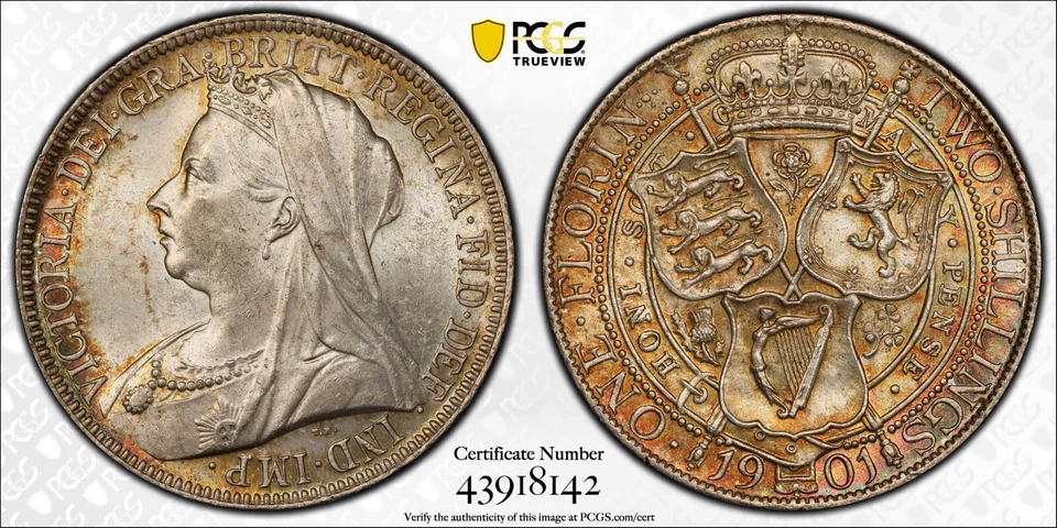 Great Britain 2 Shillings (Florin) 1901 PCGS MS64 Queen Victoria (1838 - 1901) - Image 1 of 1