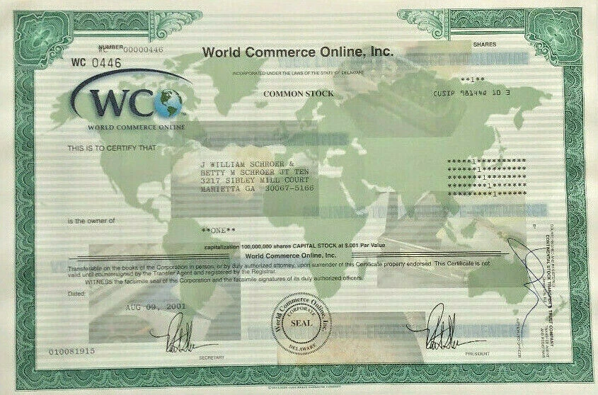 Certificado de acciones de empresa de Internet temprano World Commerce Online Foto 1 de 1