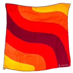 Vintage 70s Sally Gee Mod Retro Wavy Colorblock Silk Square Scarf 28" x 28" - Foto 1 di 8