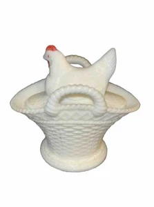 Hen Sitting On Woven Basket Handles 5" Westmoreland Milk Glass Red White Chicken - Picture 1 of 9