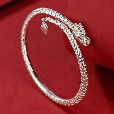Pure 999 Fine Silver Bangle Men Women Carved Move Tail Dragon Cuff Bracelet 26g - Image 1 of 4