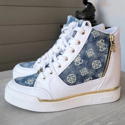 Tênis GUESS Figz Logo Wedge Hi-Top Branco Denim Feminino Tamanho 7 Usado Uma Vez - Imagem 1 de 4