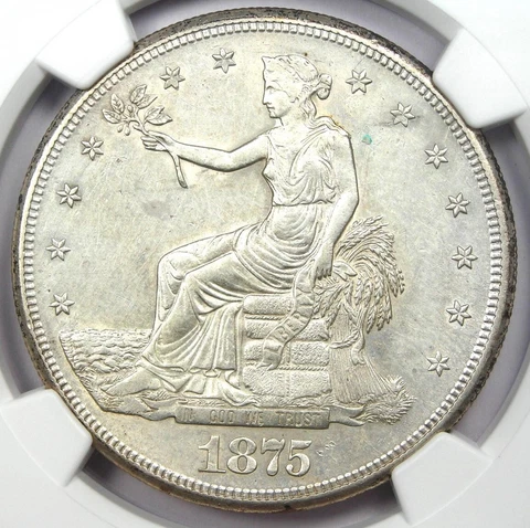 1875-S Trade Silver Dollar T$1 Coin - Certified NGC Uncirculated Detail (UNC MS) Cover
