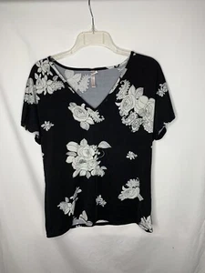 Natori Cruz Pajama Top M Black White Floral Cap Sleeve V Neck Stretch - Picture 1 of 8