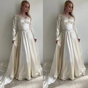 1950s Vintage Satin Wedding Dresses Long Sleeve Ruching Sweep Train Bridal Gowns - Picture 1 of 9
