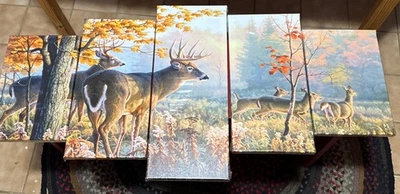 Beautiful Wild Deer Family Forest 5 Panel Canvas Print Wall Art Home Decoration - Image 1 of 4