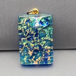 Murano Dichroic Glass Pendant 1.25 x.75" Blue Green Foil Gold-Tone Bail - Picture 1 of 5