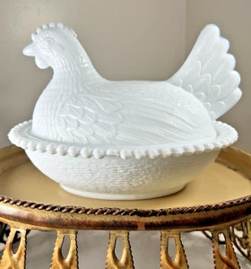 Indiana weiß Milchglas Henne auf Nest bedeckt Schüssel/Süßigkeitenschale 7" Vintage - Bild 1 von 9