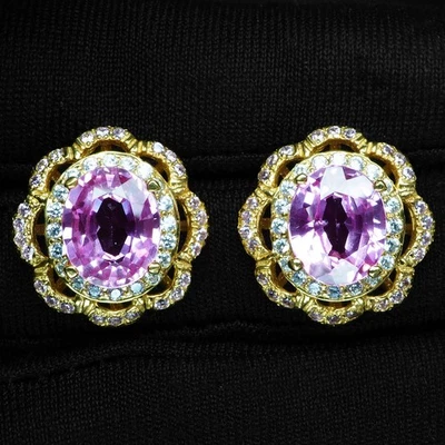 Позолоченные серьги из стерлингового серебра 925 пробы 24 карата с розовым овальным сапфиром Barbie 8,70 карата - Изображение 1 из 4