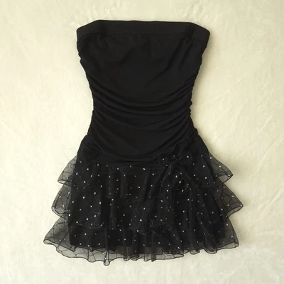 Vintage Byer Too! Y2K Black Homecoming Dress Size M Ruffle Tier Bow Sparkle Mini - Image 1 of 4