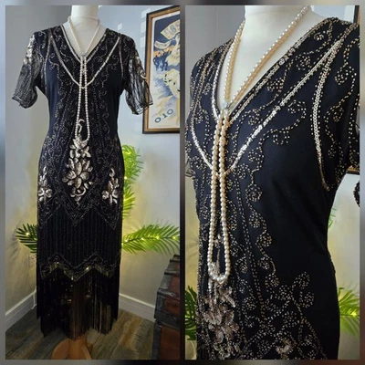 Vestido de fiesta vintage Flapper años 20 Gatsby Downton lentejuelas cuentas flecos talla 14 Foto 1 de 4