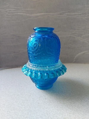 Fenton Glass Blue Persian Medallion 3 Pc Fairy Lamp Embossed - Image 1 of 4