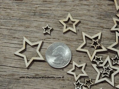 50 pequeñas estrellas de madera cortadas con láser mezcla hueca, estrellas de madera - rústicas - fabricación de banderas Foto 1 de 2