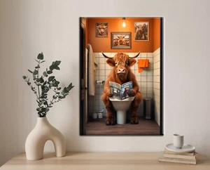 Highland Cow on the Toilet 40x60cm Canvas or Metal Print Premium Grade Wall Art - Bild 1 von 3