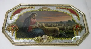 Vintage Convex Domed Glass 18"X11" Religious Picture Jesus w Sheep - Picture 1 of 3
