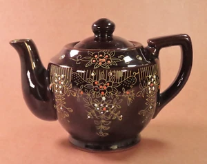 Vtg Brown Betty Redware Teapot Moriage Enamel Hand Painted Made in Japan 4.25" - Picture 1 of 18