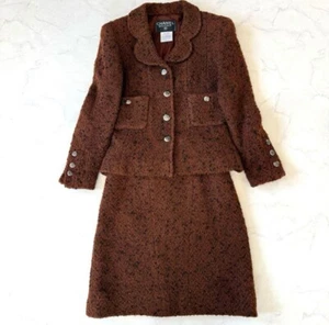 CHANEL Mixed Tweed Setup with Coco Mark Buttons Round Collar Brown - Picture 1 of 18