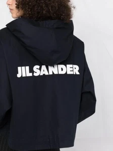 JIL SANDER logo print hooded jacket Cotton Black White Snap Button Rain Size S - Picture 1 of 12