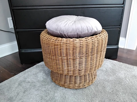 Vintage Boho Round Rattan Wicker- Ottoman/Table/Plant Stand w/cushion Cover