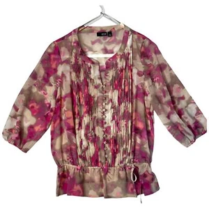 ANA Blouse Womens Medium Multicolor Floral Chiffon 3/4 Sleeve Ruffled Hem Pink - Picture 1 of 16