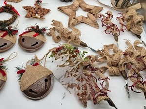 18 Rustic Christmas Ornaments Deer head, burlap Curl picks, Star, Fox, Owl, Sant - Picture 1 of 8