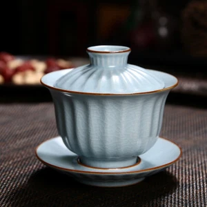 Chinese Porcelain Gaiwan Cup Bowl With Saucer Crackle Glaze Ruyao Craft Tureen - Picture 1 of 8