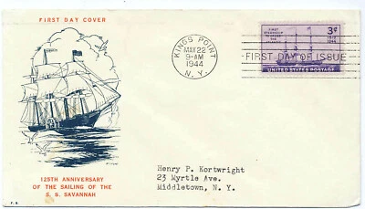 US 1944 First Day Cover SS Savannah Steamship #923 Kings Point NY Fidelity Cache - Image 1 of 2
