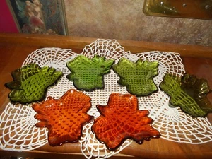 6er Set Orange Grün Glas Blattform Schmuck Süßigkeiten Schalen Leckerbissen Schalen Tabletts - Bild 1 von 7