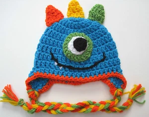 CROCHET BOY MONSTER BABY HAT infant toddler blue cap beanie  photo prop USA - Picture 1 of 1