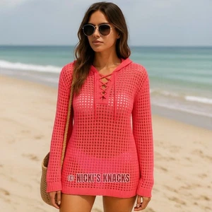 Mododoc Pointelle Open Stitch Hooded Lace-Up Sweater Neon Coral Size M - Picture 1 of 10
