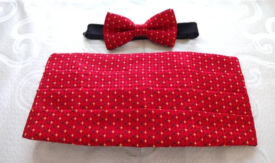 UNBRANDED Yellow Black Dots on Red Adjustable Cummerbund & Bow Tie Set - Image 1 of 3