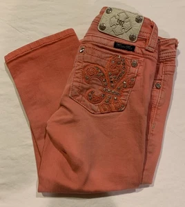 Miss Me Denim Jeans Girls Youth 12 Pink Cuffed Capri Rhinestone Embellished - Picture 1 of 13