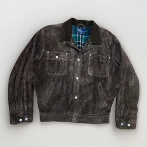Polo Ralph Lauren Suede Flannel Lined Trucker Jacket Medium Brown Plaid Men’s - Picture 1 of 17