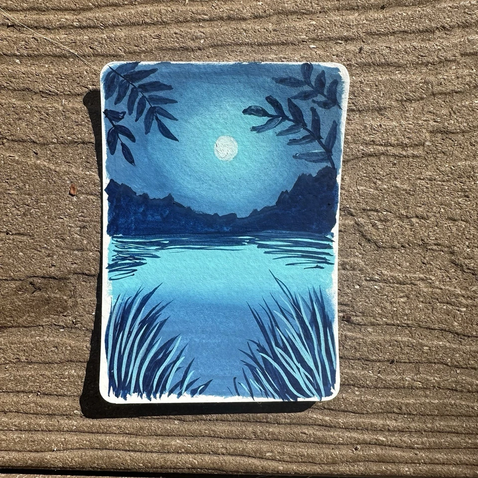 Tarjeta de arte de pintura gouache paisaje iluminado por la luna azul original ACEO Foto 1 de 1