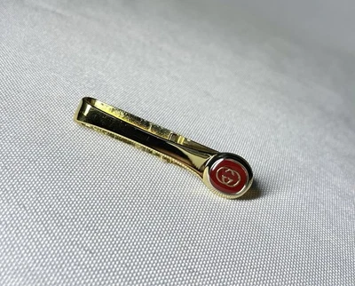 Auth Gucci Tie Clip Interlocking GG bar Vintage Gold & Red Business - Image 1 of 4