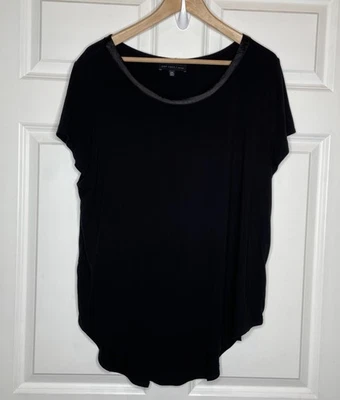 Blusa túnica Joan Vass negra dobladillo alto-bajo ribete satinado manga corta talla XXL 2XL Foto 1 de 4