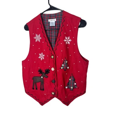 Vintage Talbots Red Christmas Vest Snowflake Reindeer Tree Applique Button Front - Image 1 of 4