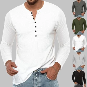 Mens Grandad Long Sleeve V-Neck Shirt Top Casual Button Collarless T Shirt Tee - Picture 1 of 21
