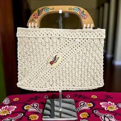 Vintage 70s Macrame Handbag Cream Boho Purse Painted Wooden Handles Folk Art - Image 1 of 4