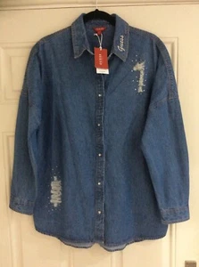 New Guess Lagenlook Blue Denim Distressed Crystal Shacket - Size M BNWT - Picture 1 of 12