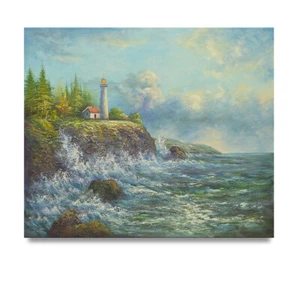 NY Art - High Tide at the Lighthouse Shore 20x24 Original Oil Painting -On Sale! - Picture 1 of 5