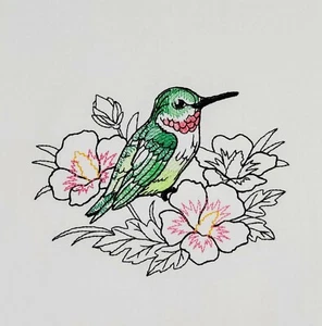 KOLIBRI UND ROSE VON SHARON MASCHINENBESTICKTER MEHLSACK SCHALE HANDTUCH - Bild 1 von 2