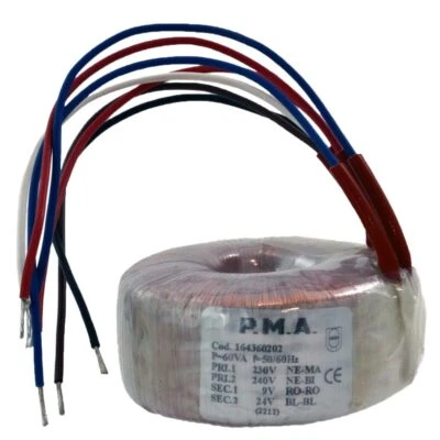 PMA Trasformatore Toroidale 60VA Doppio Secondario 9V - 24V - Ingresso 230/240VAC