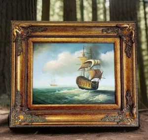 Ölgemälde Segelschiff Gemälde Barock Rahmen Kunst Wandkunst Antik Stil Wandbild - Bild 1 von 5