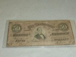 Billete de 50 dólares moneda confederada 1864 guerra civil Jefferson Davis de colección - Imagen 1 de 11