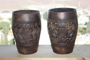 Pair of Primitive Vessels Cups African Kuba Tribal Carved Palm Wood D.R. Congo - Picture 1 of 9